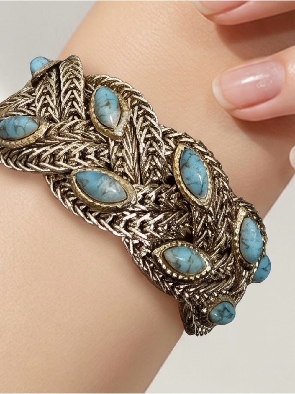 2277- Vtg. Solid Silver Braided Mesh Panel Statement Bracelet Genuine Turquoise